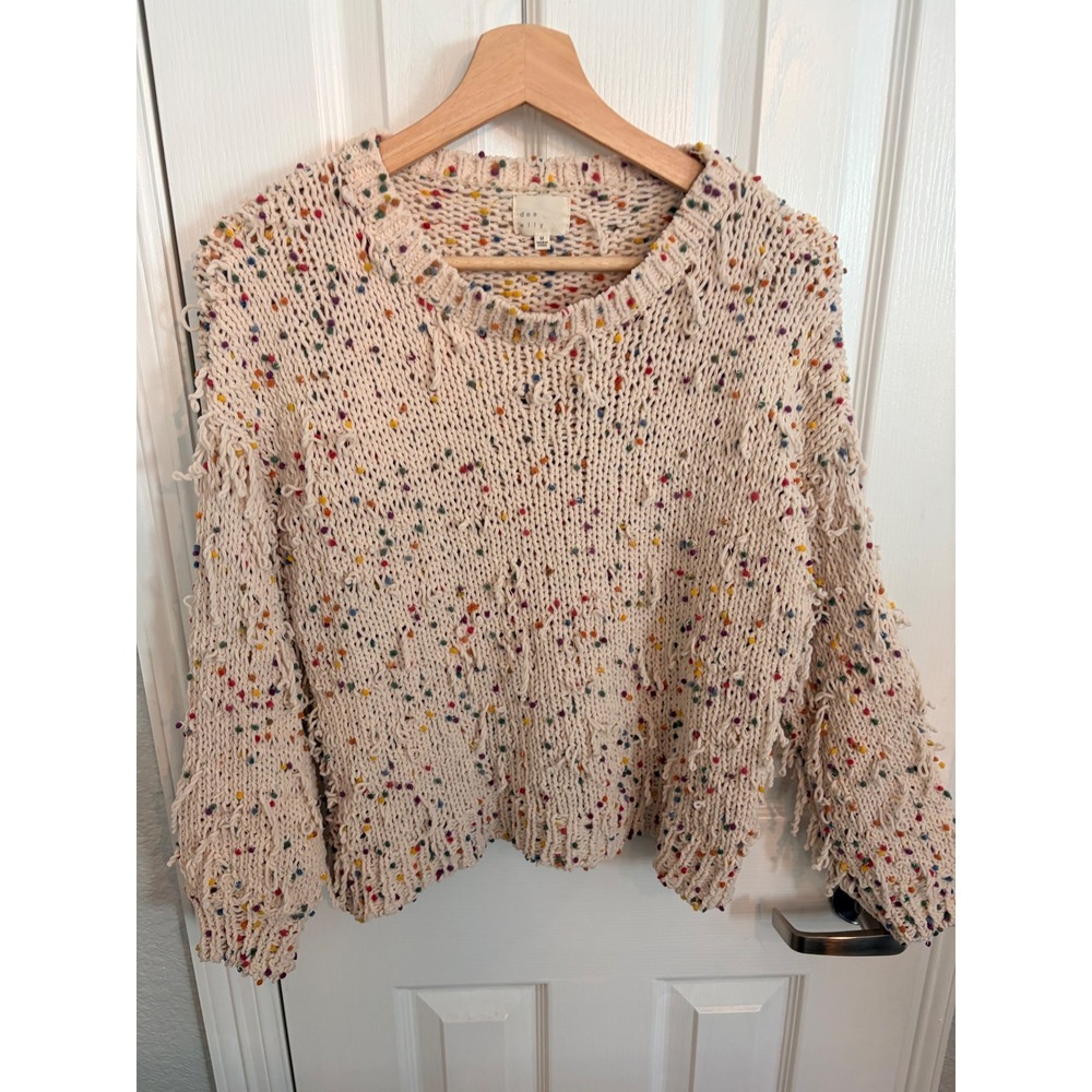 Dee Elly Sweater Cream Multi Pom Pom Fringe Shaggy Chunky Knit Crewneck Boho